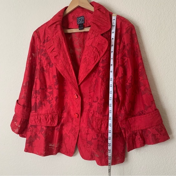 Clara Sun Woo Red Sheer Floral Two Button Blazer Jacket Size Large 3/4 Sleeve - Picture 5 of 10